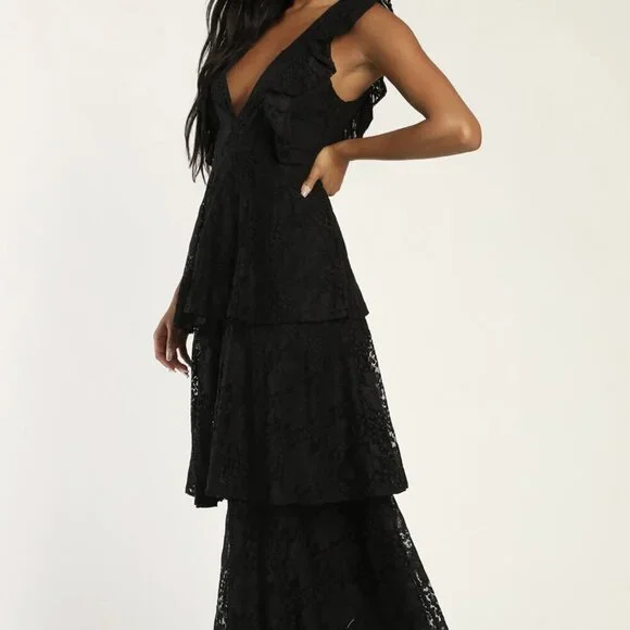 NWT Lulus Molinetto Black Lace Ruffled Tiered Sleeveless Maxi Dress NWT Lulus Molinetto Black Lace Ruffled Tiered Sleeveless Maxi Dress